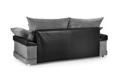 Back of the Logan three-seat sofa with gray ribbed cushions and black upholstered panel