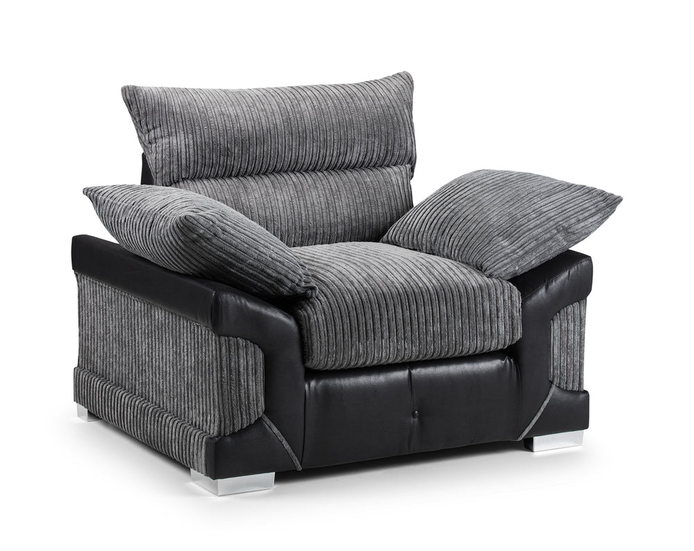 Logan Fullback armchair with gray ribbed cushions, black leather-look trim, and chrome feet