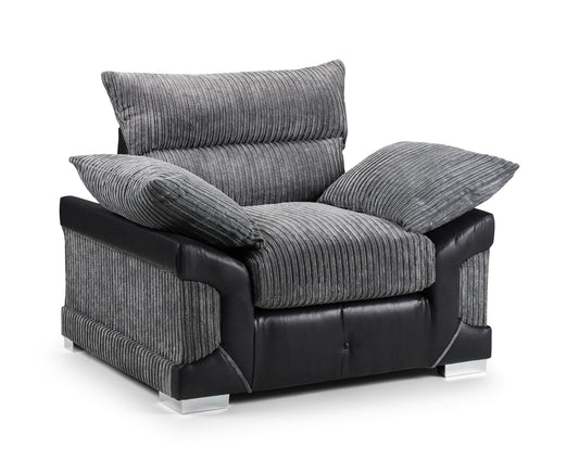 Logan Fullback armchair with gray ribbed cushions, black leather-look trim, and chrome feet