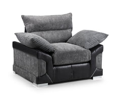 Logan Fullback armchair with gray ribbed cushions, black leather-look trim, and chrome feet