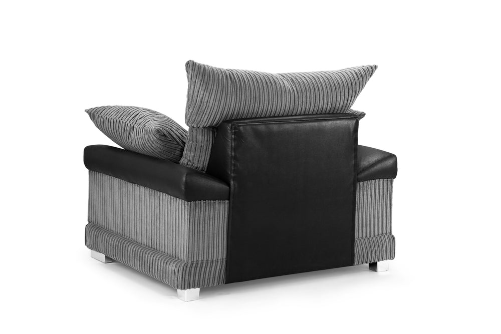 Logan Fullback armchair viewed from the back, with gray ribbed fabric and black trim