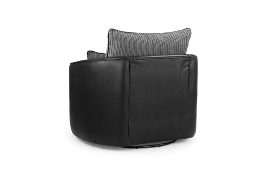 Rear view of the black leather Logan Fullback swivel chair with a gray ribbed back cushion