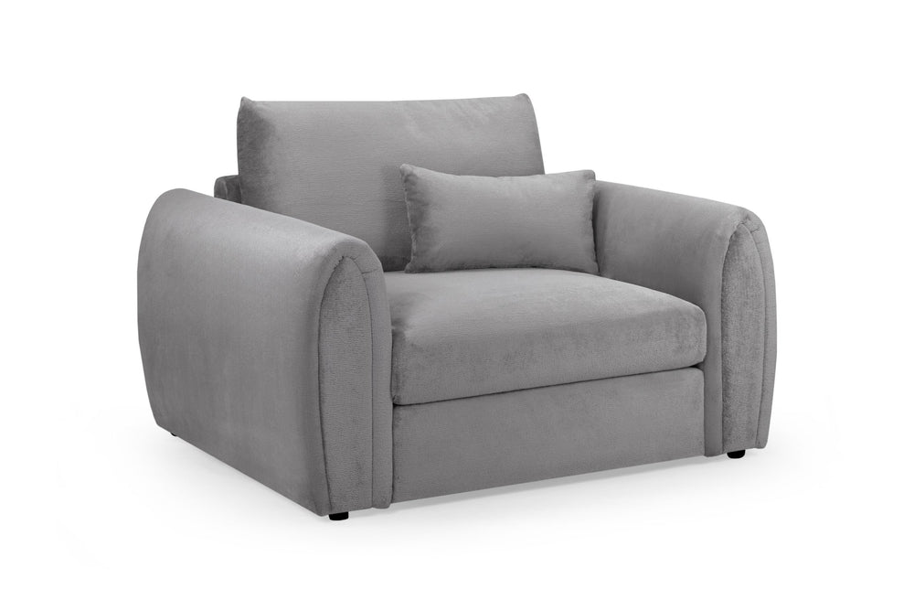 Mirabel fullback armchair in gray upholstery with a loose lumbar cushion and rounded arms