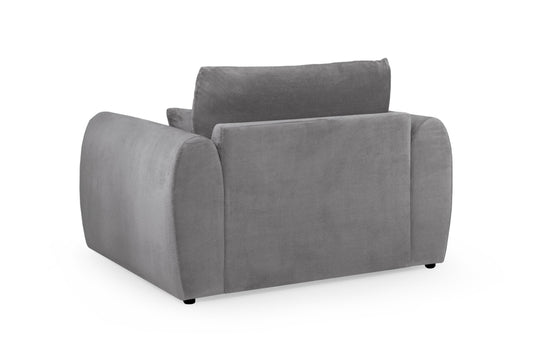 Gray Mirabel armchair viewed from the back, showing its upholstered rear panel and rounded arms