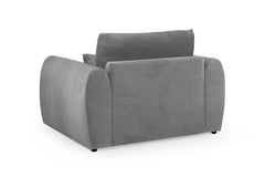 Gray Mirabel armchair viewed from the back, showing its upholstered rear panel and rounded arms