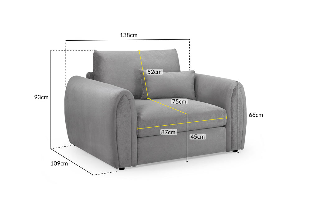 Gray Mirabel fullback armchair with dimensions marked: 138 cm wide, 109 cm deep and 93 cm high