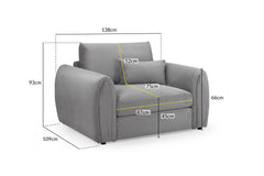 Gray Mirabel fullback armchair with dimensions marked: 138 cm wide, 109 cm deep and 93 cm high
