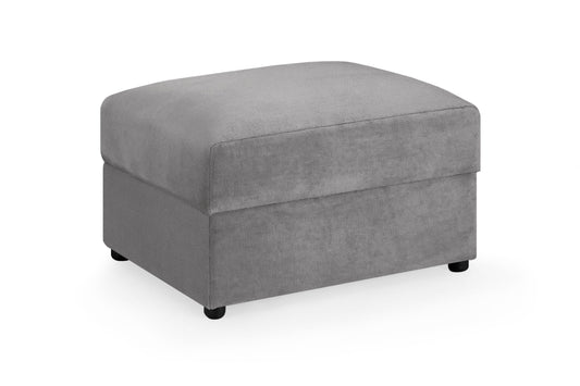 Mirabel grey upholstered footstool with a cushioned top and short black feet