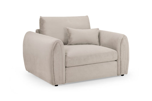 Mirabel fullback armchair in light beige fabric with cushioned seat, back, and loose pillow