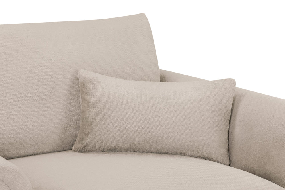 Mirabel armchair close-up of the back cushion and loose pillow in light beige fabric