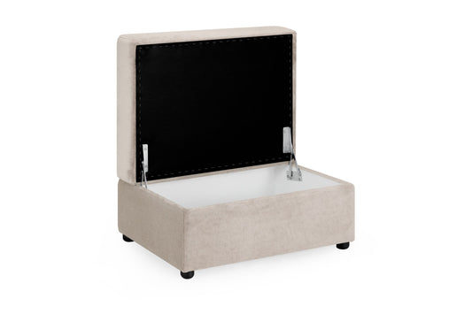 Footstool with its hinged lid raised, revealing a storage compartment