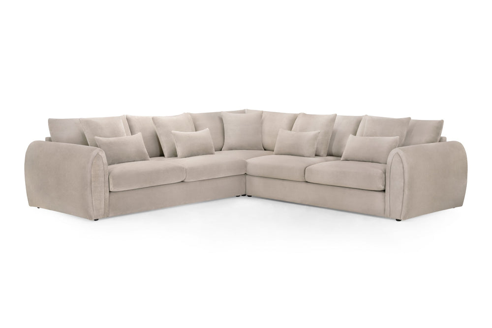 Mirabel large corner sofa with scatter cushions and rounded arms in light beige