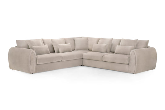 Mirabel large corner sofa with scatter cushions and rounded arms in light beige