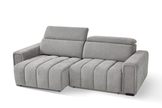 Gray electric sofa bed with one seat extended into a chaise-like bed section
