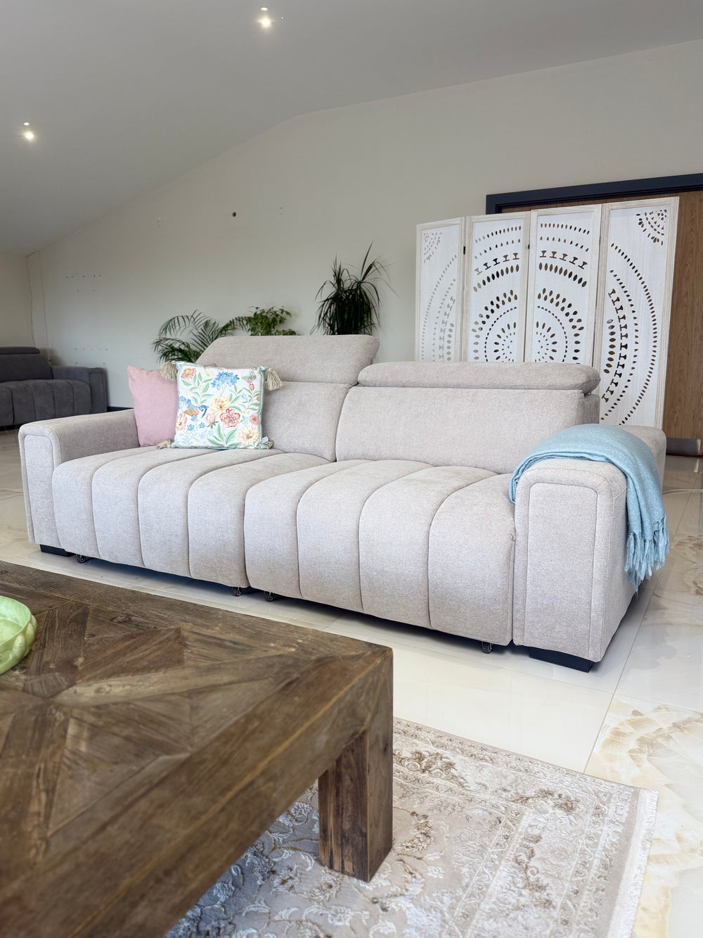 Molly three-seat electric sofa bed with upright backrests and segmented cushions