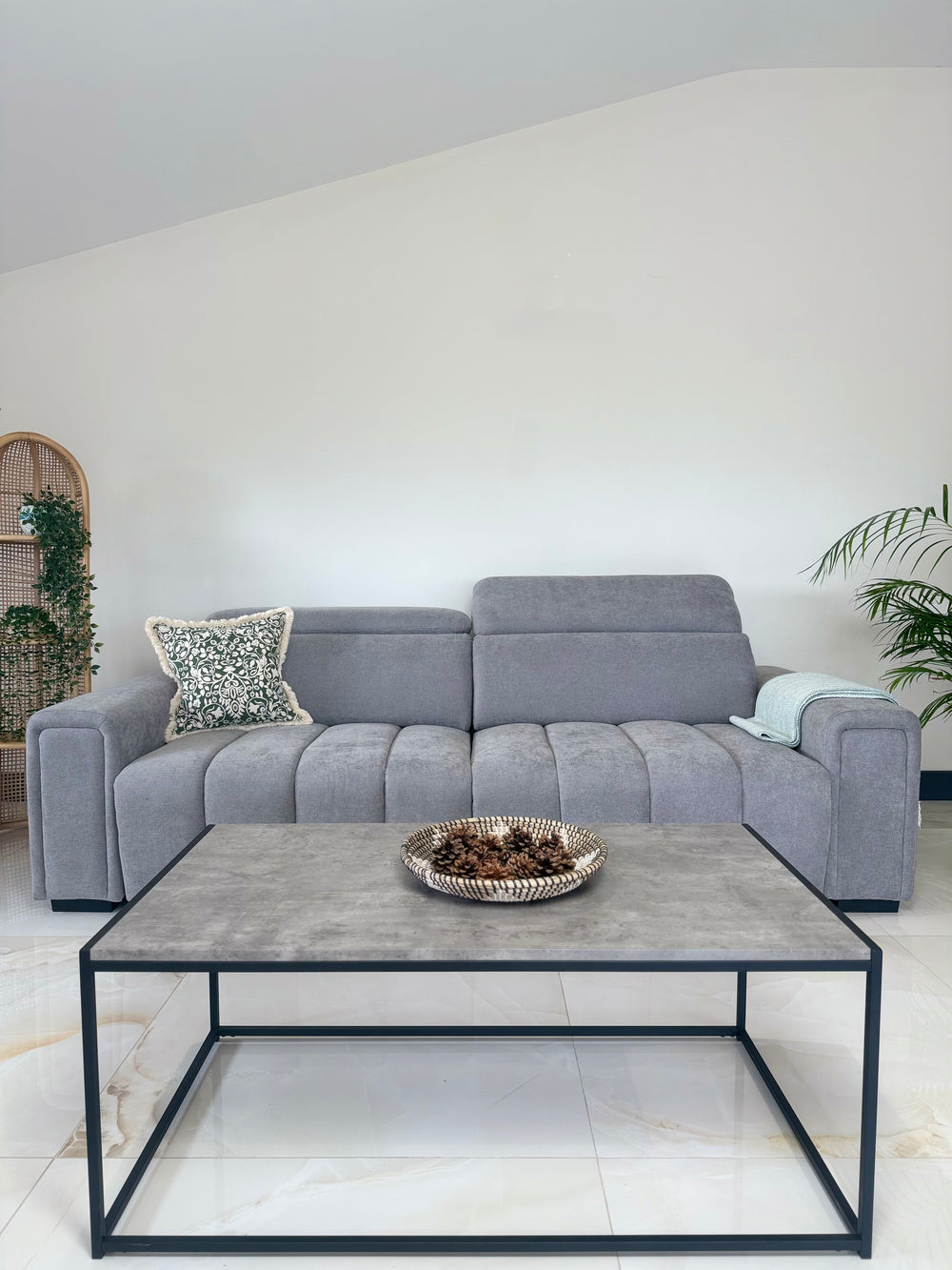 Molly three-seat electric sofa bed in gray upholstery with segmented seat cushions and wide arms