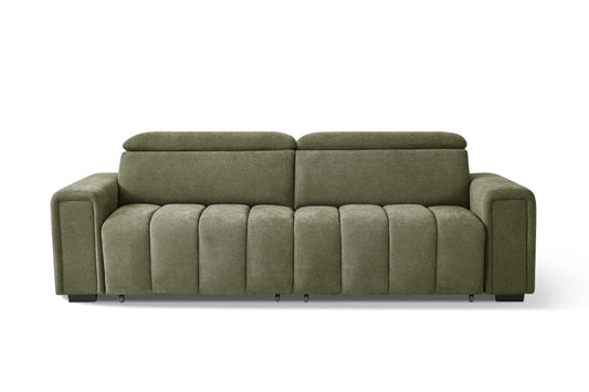 Olive three-seat electric sofa bed shown front-on with segmented seats and dual back cushions