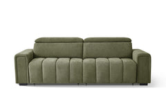 Olive three-seat electric sofa bed shown front-on with segmented seats and dual back cushions