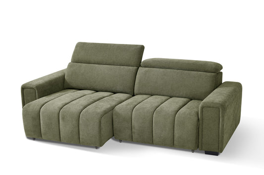 Molly three-seat electric sofa bed in olive green upholstery with segmented seat cushions and raised headrests.