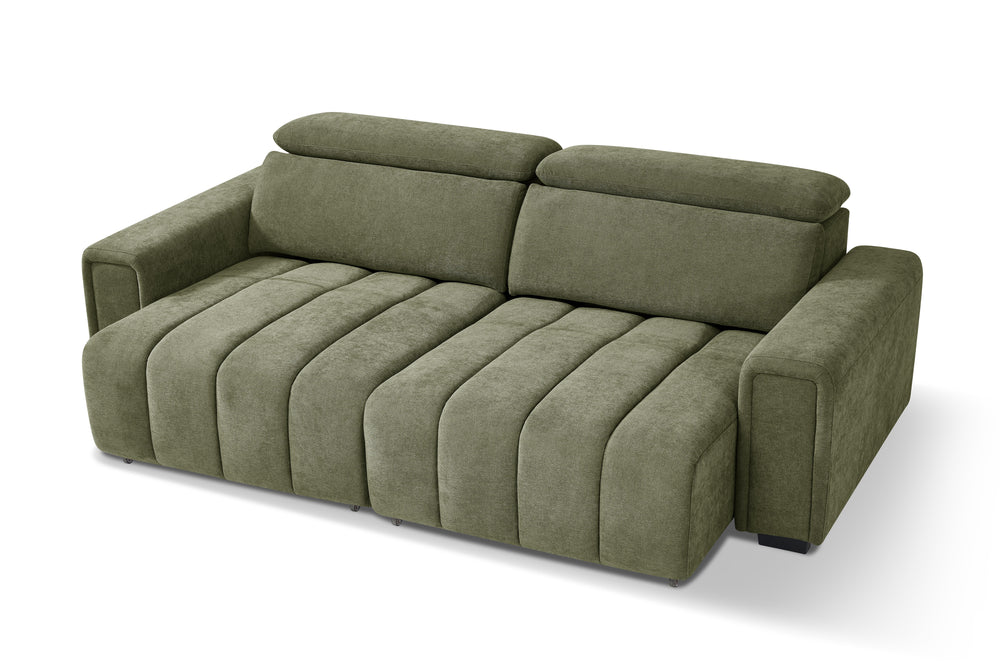 Molly three-seat electric sofa bed in olive green, shown with extended segmented seat cushions.