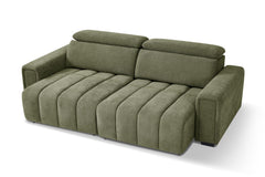 Molly three-seat electric sofa bed in olive green, shown with extended segmented seat cushions.