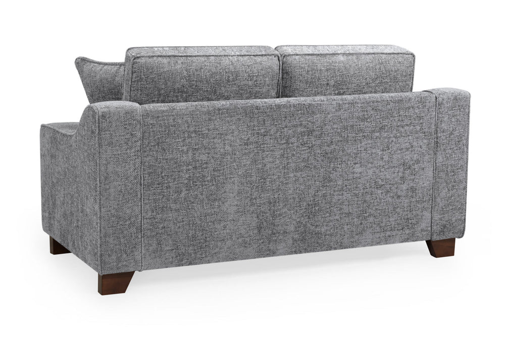 Nebraska Fullback sofa viewed from the back, with gray upholstery and dark wood feet