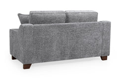 Nebraska Fullback sofa viewed from the back, with gray upholstery and dark wood feet