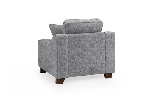 Nebraska armchair shown from the back, with gray upholstery and dark wood feet