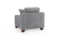 Nebraska armchair shown from the back, with gray upholstery and dark wood feet