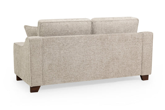 Nebraska three-seat sofa, showing its upholstered back and dark wood feet