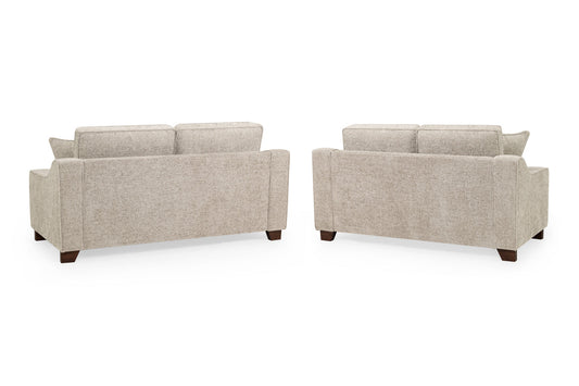 3+2 sofa set showing the plain upholstered backs and dark wood feet