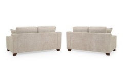 3+2 sofa set showing the plain upholstered backs and dark wood feet