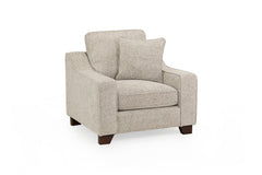 Nebraska Fullback armchair in light beige woven upholstery with cushions and dark wood legs