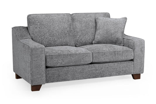 Nebraska Fullback two-seat sofa in gray woven fabric with cushions and dark wood feet