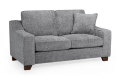 Nebraska Fullback two-seat sofa in gray woven fabric with cushions and dark wood feet