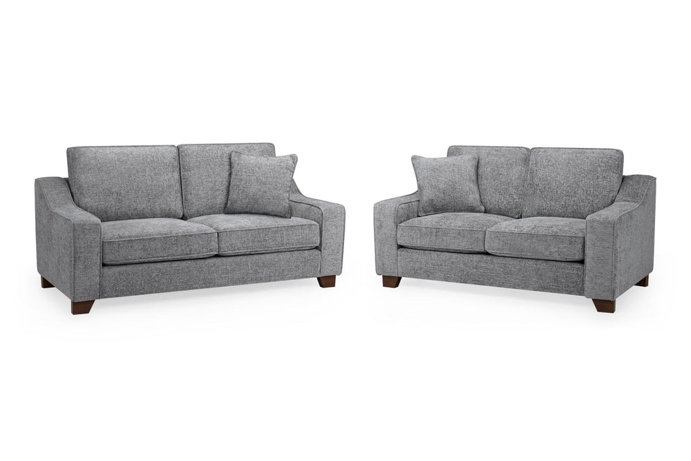 Nebraska gray sofa set with two upholstered sofas and dark wood feet