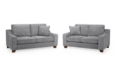 Nebraska gray sofa set with two upholstered sofas and dark wood feet