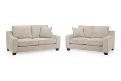 3+2 sofa set with beige woven upholstery, padded arms, back cushions and dark wood feet