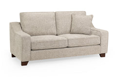 Nebraska three-seat sofa in light beige woven fabric with loose back cushions and dark wood feet