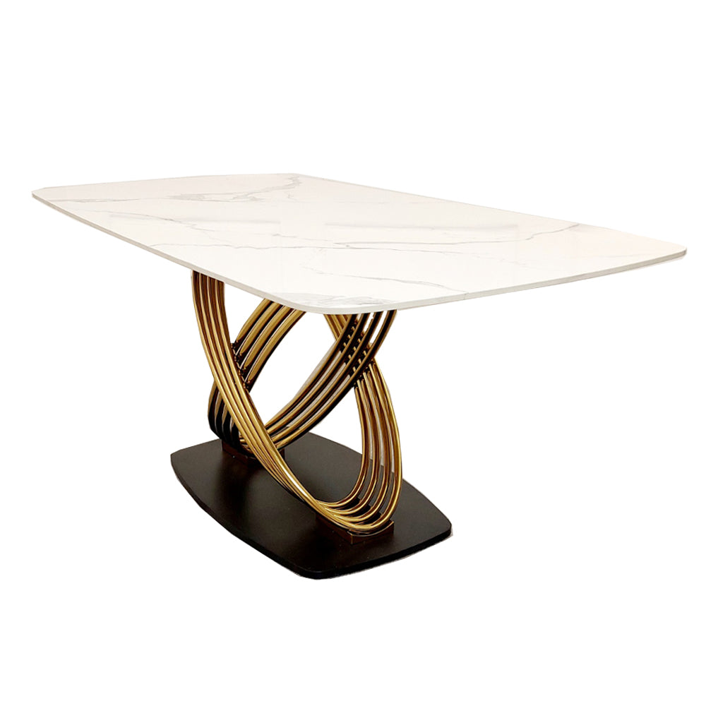 Orion Gold dining table with white veined stone top and sculptural gold base