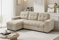Palermo beige fabric sofa bed with chaise and tufted back cushions