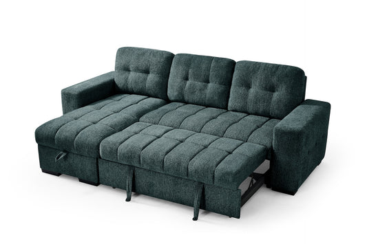 Palermo sofa bed extended into a bed with segmented teal cushions
