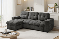 Palermo gray fabric sofa bed with chaise, tufted cushions and broad arms
