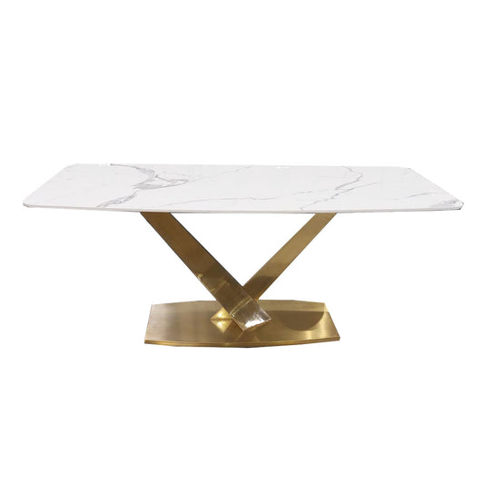 Valeo Gold 1.8 dining table with white veined stone top and gold X-shaped pedestal base