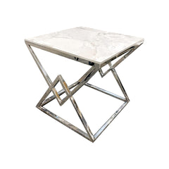Chrome lamp table with a white veined stone top and geometric metal base