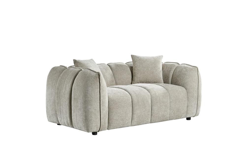 Venice two-seater sofa in light gray textured fabric, with rounded full-back cushions and two pillows