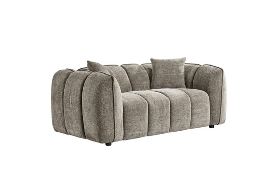 Venice two-seat sofa in textured taupe fabric with rounded, channel-stitched cushions