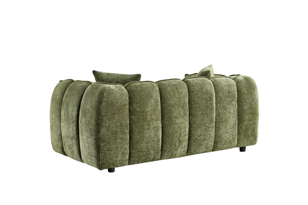 Rear view of the olive green two-seat sofa with rounded, upholstered panels