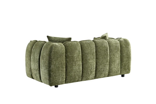Rear view of the olive green two-seat sofa with rounded, upholstered panels