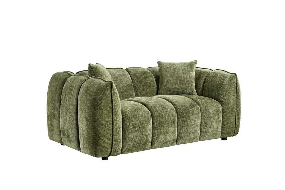 Venice two-seat sofa in olive green textured fabric, with rounded arms and segmented cushions